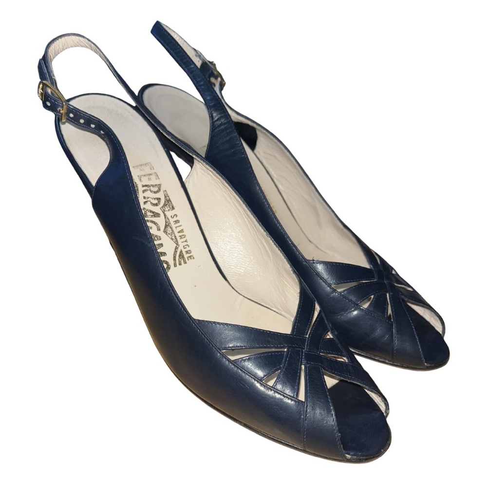 Salvatore Ferragamo Navy Leather Peep-Toe Slingbacks | 7.5AA - Picture 2 of 9